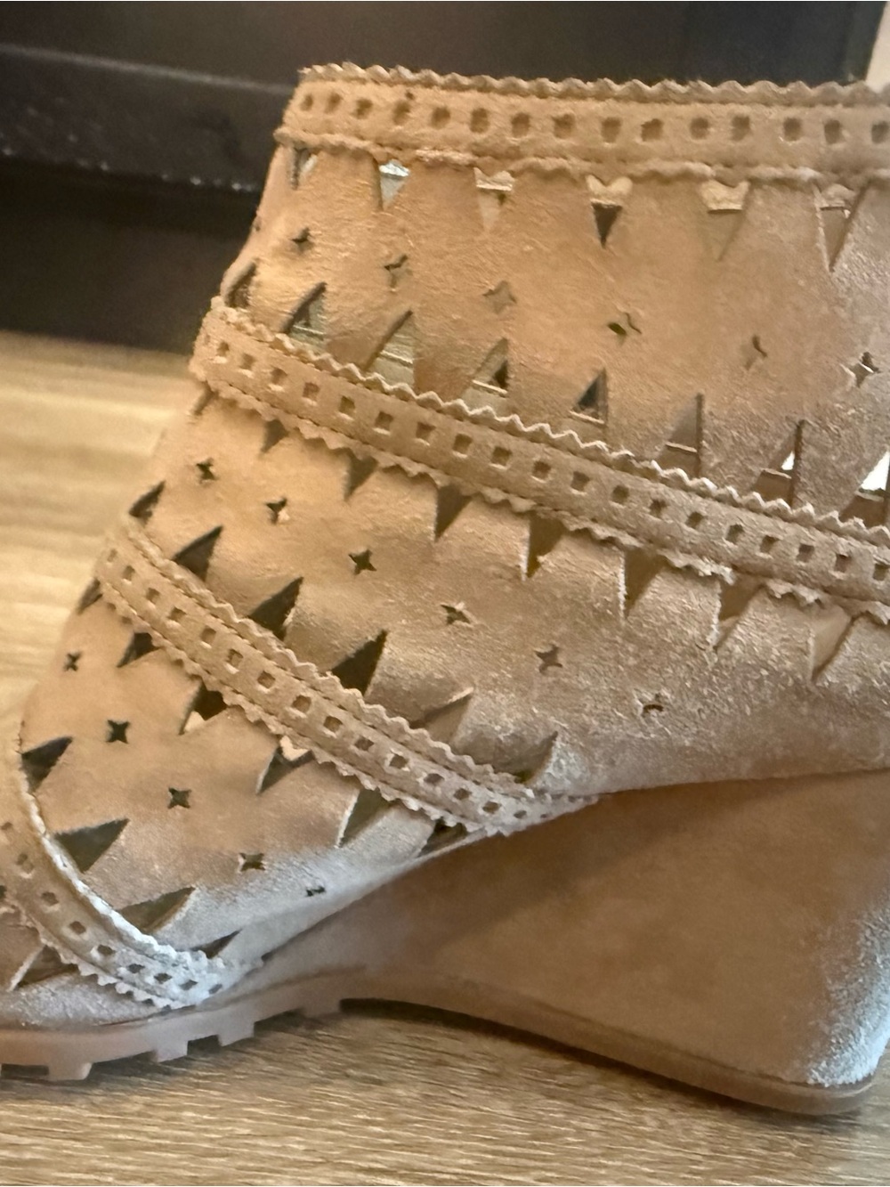 Via Spiga Tan Suede Laser-Cut Wedge Bootie